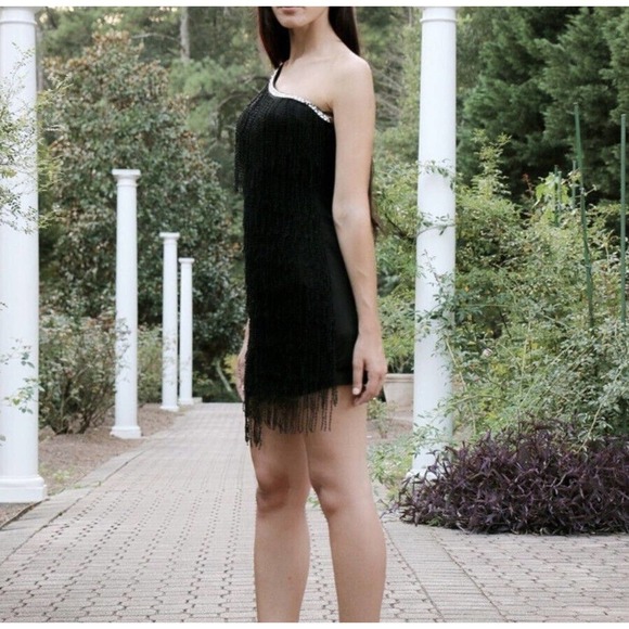 ArkCo | Anthropologie One Shoulder Dress Womens Size M Black Fringe Gatsby Mini - Picture 9 of 11